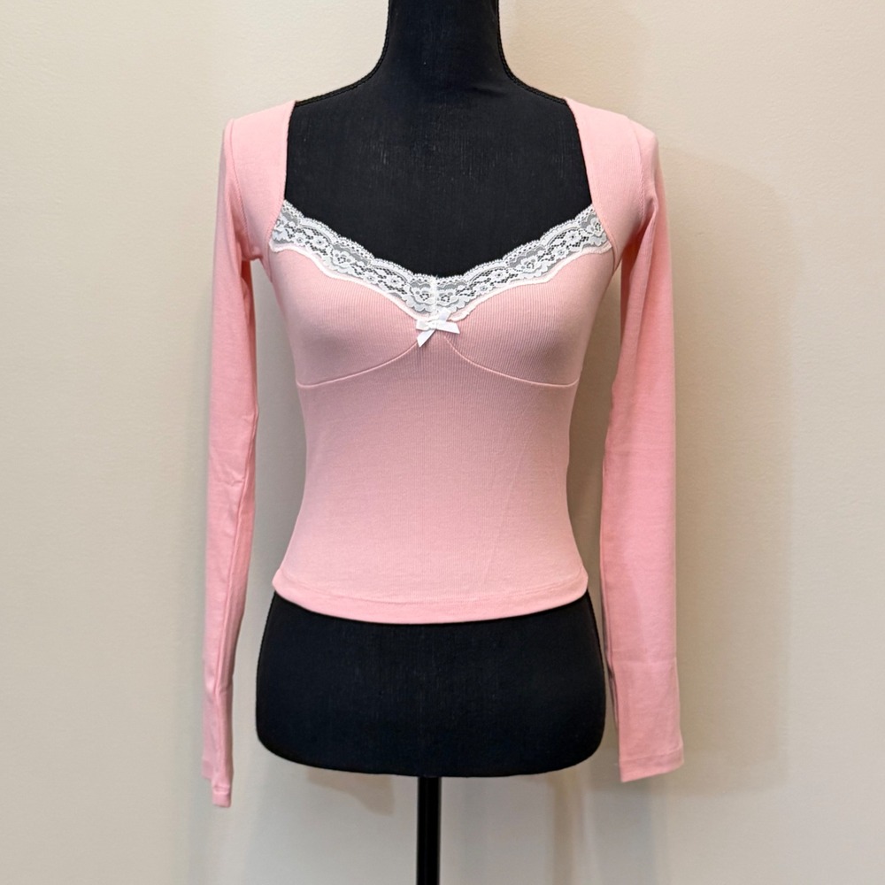 Edikted Pink Lace Trim Bow Ribbed Long Sleeve Sweetheart Top Womens XS Coquette